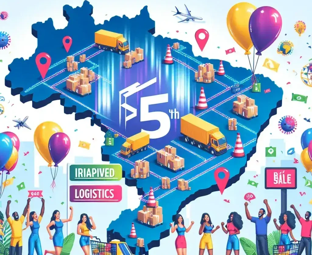 "Image celebrating Shopee's 5th anniversary in Brazil, showcasing improved logistics and vibrant promotions that drive growth, with festive decorations and promotional banners."