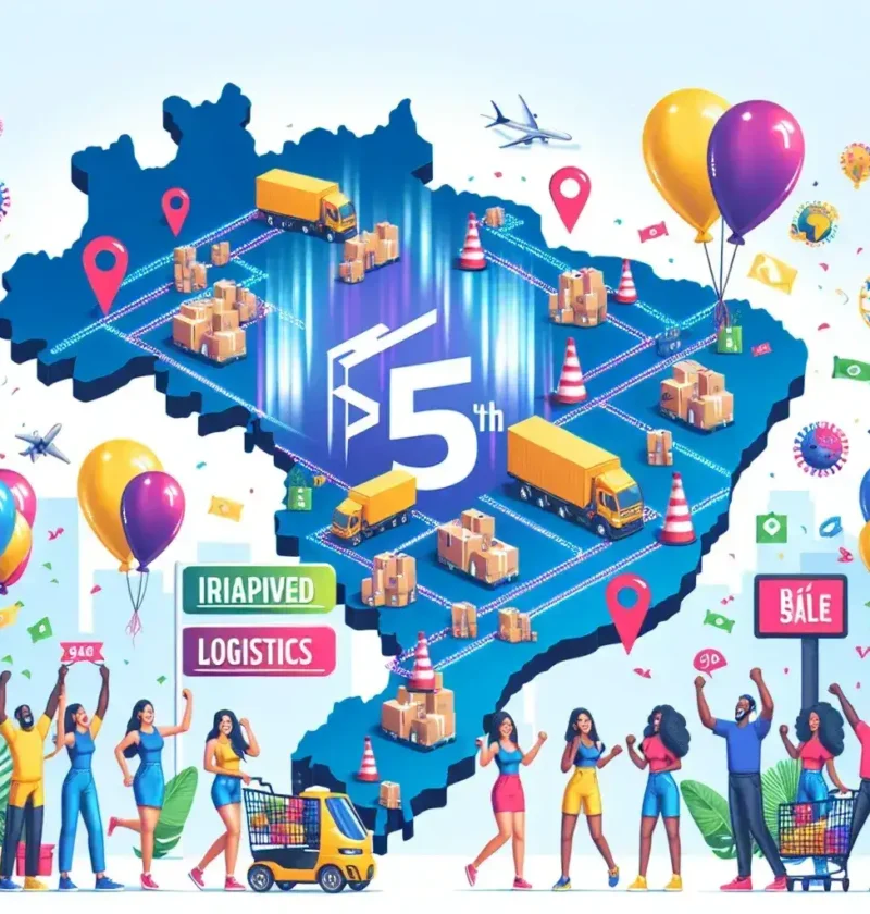 "Image celebrating Shopee's 5th anniversary in Brazil, showcasing improved logistics and vibrant promotions that drive growth, with festive decorations and promotional banners."