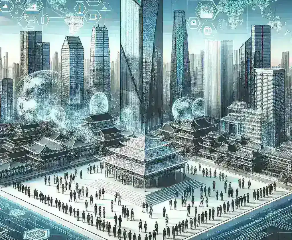 "Imagem do Centro de Transferência de Tecnologia na China, destacando colaborações entre o governo e empresas inovadoras para impulsionar a pesquisa e o desenvolvimento tecnológico."