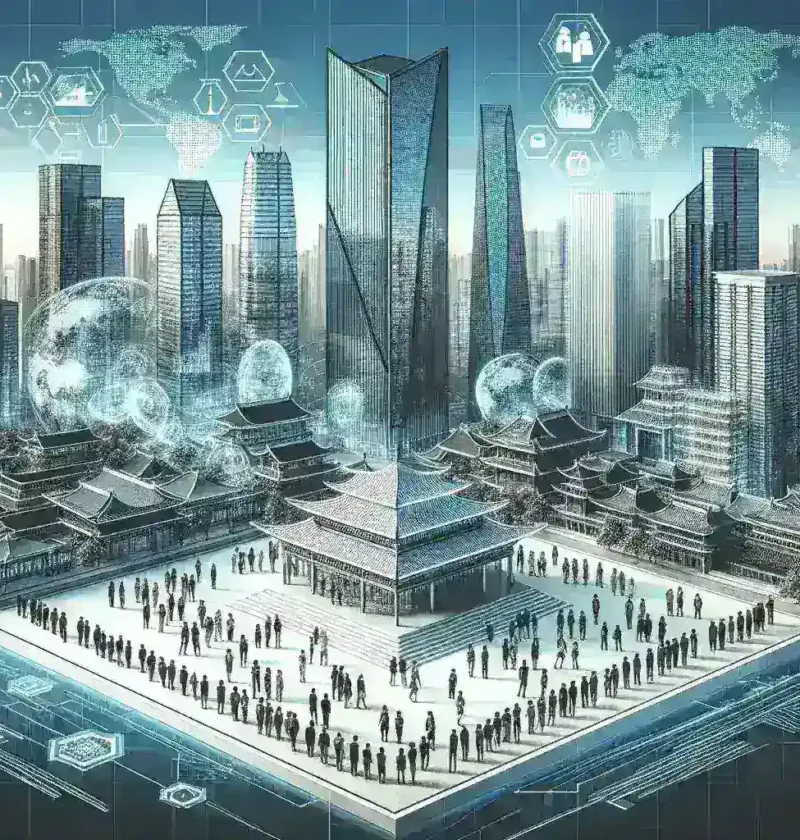 "Imagem do Centro de Transferência de Tecnologia na China, destacando colaborações entre o governo e empresas inovadoras para impulsionar a pesquisa e o desenvolvimento tecnológico."
